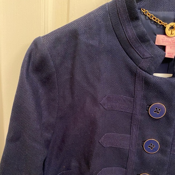 LILLY PULITZER Military Cropped Blazer Band Jacket Linen Cotton Navy Blue Career - Picture 5 of 16
